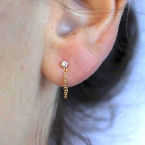 Natural Diamond Double Chain Stud Earrings, 14K Gold Dainty Earrings, Minimalist Bridal Earrings for Women Chain Drop Stud, Anniversary Gift