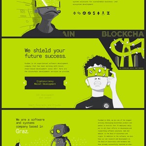 Puede incluir: La p&aacute;gina de inicio del sitio web de VouGee, una empresa de software y sistemas con sede en Graz, Austria. El sitio web presenta un esquema de color verde y negro con ilustraciones de robots y personas que usan auriculares de realidad virtual. El texto del sitio web destaca la experiencia de la empresa en el desarrollo de blockchain y su compromiso con el suministro de tecnolog&iacute;as orientadas al futuro.