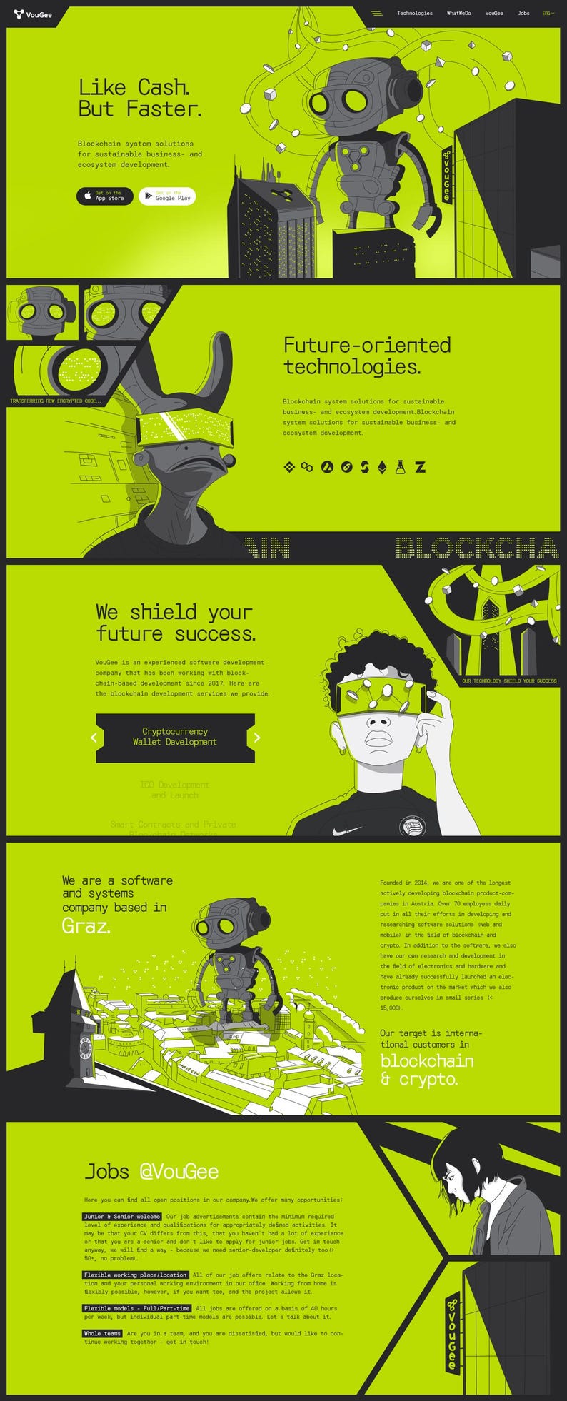 Puede incluir: La p&aacute;gina de inicio del sitio web de VouGee, una empresa de software y sistemas con sede en Graz, Austria. El sitio web presenta un esquema de color verde y negro con ilustraciones de robots y personas que usan auriculares de realidad virtual. El texto del sitio web destaca la experiencia de la empresa en el desarrollo de blockchain y su compromiso con el suministro de tecnolog&iacute;as orientadas al futuro.