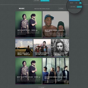 Puede incluir: Una captura de pantalla de un sitio web que muestra una plataforma de curaci&oacute;n musical con un fondo oscuro y texto gris claro. El sitio web presenta una secci&oacute;n llamada "Curator" con tres portadas de &aacute;lbumes y una secci&oacute;n llamada "Music" con seis portadas de &aacute;lbumes. El sitio web tambi&eacute;n incluye una secci&oacute;n llamada "Best New Indie, Electro, Alt Pop" con una lista de nuevos lanzamientos musicales.