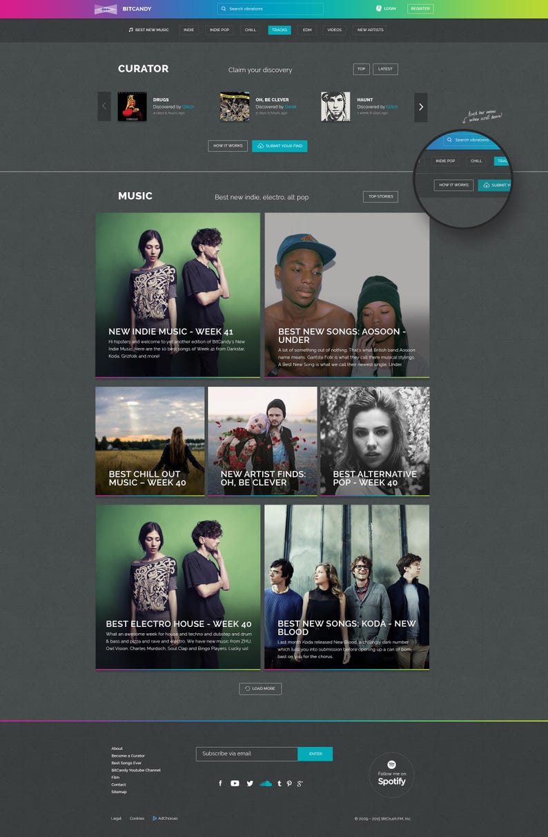 Puede incluir: Una captura de pantalla de un sitio web que muestra una plataforma de curaci&oacute;n musical con un fondo oscuro y texto gris claro. El sitio web presenta una secci&oacute;n llamada "Curator" con tres portadas de &aacute;lbumes y una secci&oacute;n llamada "Music" con seis portadas de &aacute;lbumes. El sitio web tambi&eacute;n incluye una secci&oacute;n llamada "Best New Indie, Electro, Alt Pop" con una lista de nuevos lanzamientos musicales.