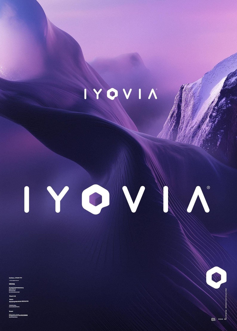 Puede incluir: Un paisaje abstracto morado y blanco con el texto "IYOVIA" en blanco. El texto se repite dos veces en la imagen.