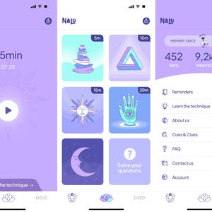 Puede incluir: Una pantalla de aplicaci&oacute;n m&oacute;vil p&uacute;rpura con la palabra "NALU" en la parte superior. La aplicaci&oacute;n es una aplicaci&oacute;n de meditaci&oacute;n con un temporizador configurado para 25 minutos. La aplicaci&oacute;n tambi&eacute;n tiene una secci&oacute;n para diferentes duraciones de meditaci&oacute;n, que incluyen 5 minutos, 10 minutos, 15 minutos y 20 minutos. La aplicaci&oacute;n tambi&eacute;n tiene una secci&oacute;n para recordatorios, aprender la t&eacute;cnica, sobre nosotros, pistas y pistas, preguntas frecuentes, contactarnos y la cuenta.