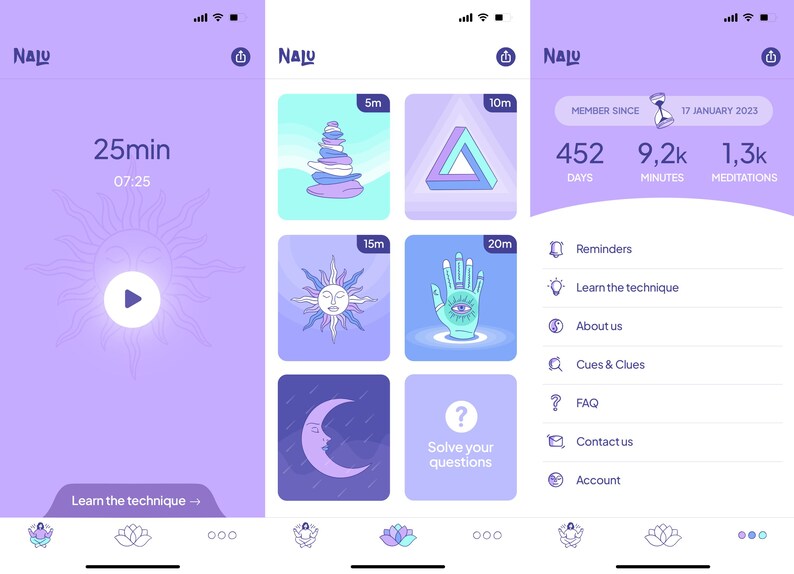 Puede incluir: Una pantalla de aplicaci&oacute;n m&oacute;vil p&uacute;rpura con la palabra "NALU" en la parte superior. La aplicaci&oacute;n es una aplicaci&oacute;n de meditaci&oacute;n con un temporizador configurado para 25 minutos. La aplicaci&oacute;n tambi&eacute;n tiene una secci&oacute;n para diferentes duraciones de meditaci&oacute;n, que incluyen 5 minutos, 10 minutos, 15 minutos y 20 minutos. La aplicaci&oacute;n tambi&eacute;n tiene una secci&oacute;n para recordatorios, aprender la t&eacute;cnica, sobre nosotros, pistas y pistas, preguntas frecuentes, contactarnos y la cuenta.