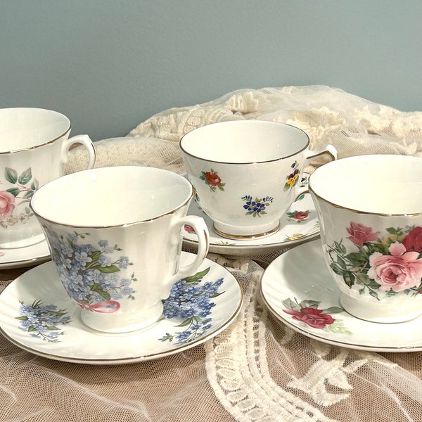 Lot of 4 Lovely Floral Vintage Tea Cups & Saucers Wedding Shower Tea Party *READ