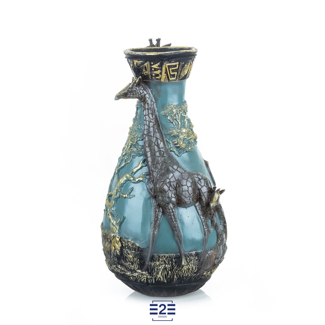 Blue Colored Large Handmade Giraffe Vase, Unique Modern Decorative