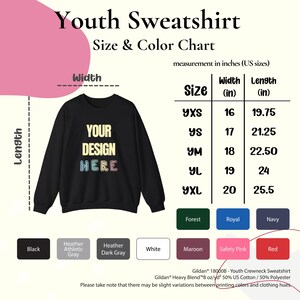 youth sweatshirt size and color chart