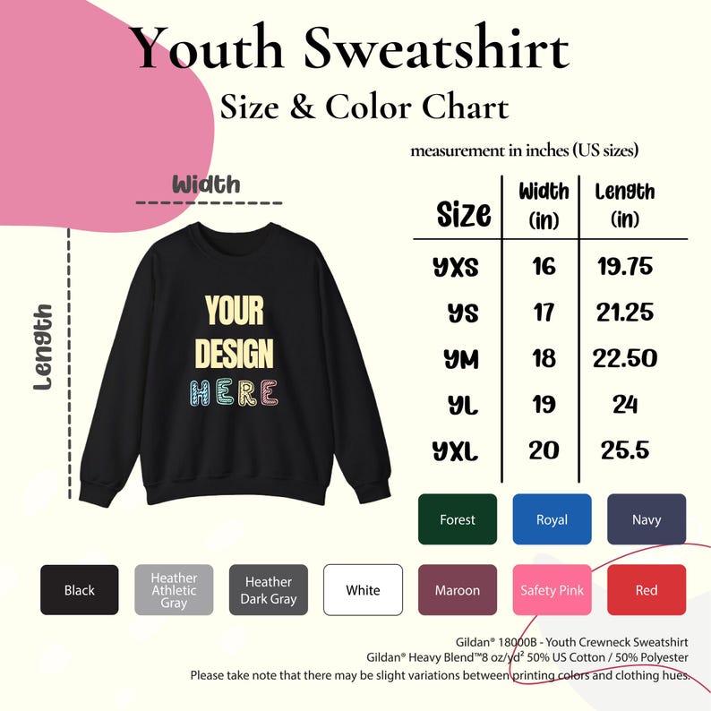 youth sweatshirt size and color chart