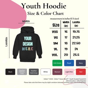 youth hoodie size and color chart