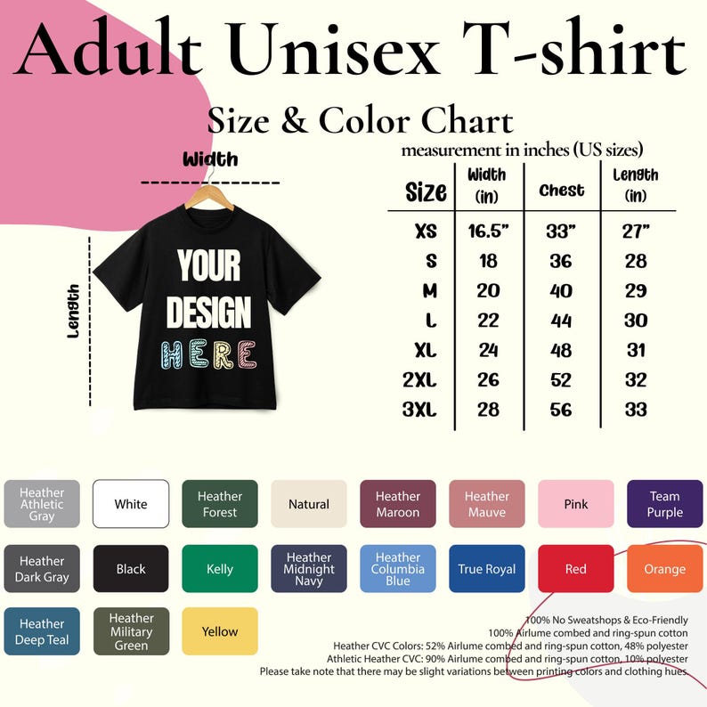 adult unisex t - shirt size and color chart