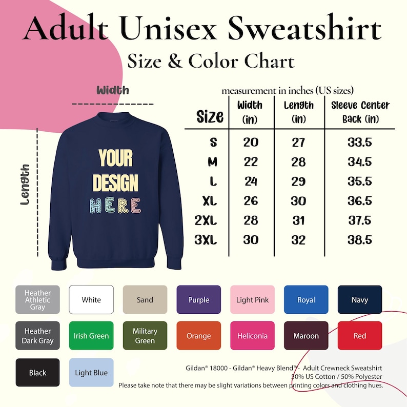 adult unisex sweatshirt size and color chart