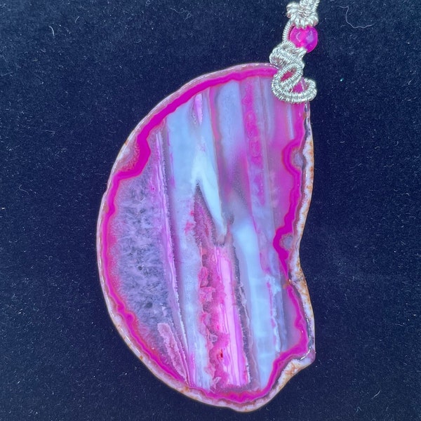 Agate Pendant, Pink Agate Pendant, Sterling Silver Wire Wrapped Pink Agate, Agate Translucent Fuchsia Color, Chalcedony Quartz Crystal