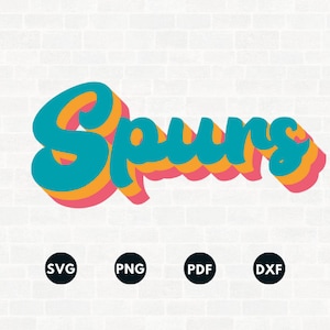 May include: A retro-style graphic design with the word "Spuns" in a layered, multi-colored font. The text is in a teal blue color with orange and pink outlines. The design is set against a white brick background.