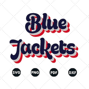 Könnte beinhalten: Der Text "Blue Jackets" im Retro-3D-Stil mit roten, weißen und blauen Farbakzenten. Der Text befindet sich auf einem weißen Hintergrund mit einem gepunkteten Muster. Das Bild enthält auch die Dateitypen SVG, PNG, PDF und DXF.