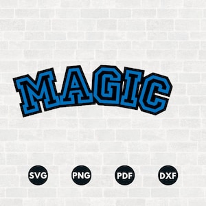 May include: A blue and black graphic design of the word "MAGIC" in a varsity style font.