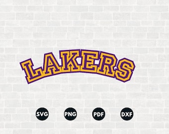May include: A yellow and purple "LAKERS" logo with a white brick background. The logo is in a bold, blocky font and is arched.