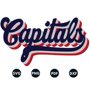 Op de afbeelding: Een rood, wit en blauw 3D-gestileerd woordmerk dat "Capitals" luidt. Het woordmerk is in een retro, vintage lettertype. De afbeelding bevat de bestandsformaten SVG, PNG, PDF en DXF.