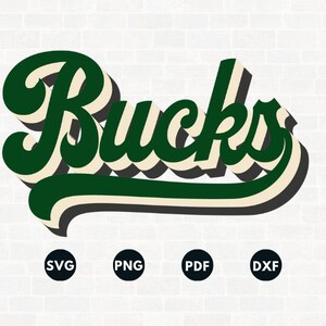 Może przedstawiać: Zielono-biała grafika w stylu retro z napisem "Bucks". Grafika znajduje się na białym tle z cegły. Grafika jest dostępna w formatach SVG, PNG, PDF i DXF.