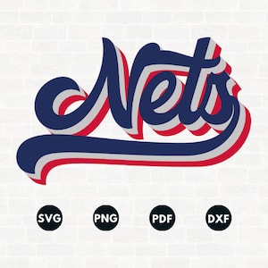 Puede incluir: Una descarga digital de un diseño gráfico vectorial que presenta la palabra "Nets" en una fuente 3D estilizada con acentos de color rojo, blanco y azul. El diseño es perfecto para crear ropa personalizada, manualidades y otros proyectos.