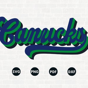Peut inclure: Un mot-symbole stylisé en 3D vert et bleu qui se lit "Canucks".