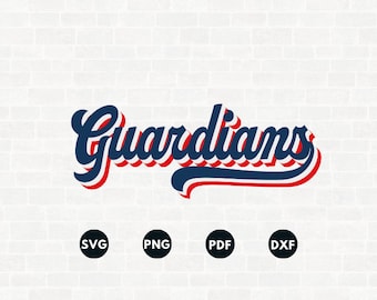 Puede incluir: Una marca de palabra retro azul y roja con el texto "Guardians" en una fuente estilizada. La marca de palabra está sobre un fondo de ladrillo blanco.