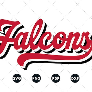 Puede incluir: Una marca de palabra estilizada en 3D de color rojo, blanco y negro que dice "Falcons". La marca de palabra está en una fuente de estilo retro, vintage. La marca de palabra está sobre un fondo blanco con un patrón de puntos.
