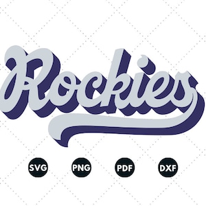 May include: A digital download of a retro-style graphic that says "Rockies" in a blue and gray color scheme. The graphic is perfect for creating t-shirts, mugs, and other personalized items.