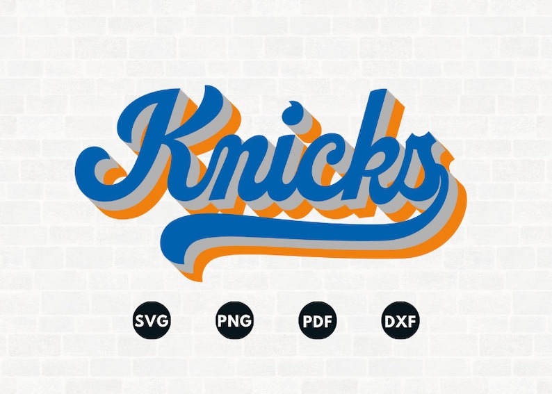 K&ouml;nnte beinhalten: Grafikdesign mit dem Wort "Knicks" in 3D-Optik, in Blau, Orange und Grau. Darunter vier Symbole: SVG, PNG, PDF und DXF, vor einem wei&szlig;en Backsteinhintergrund.