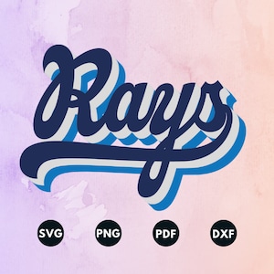 May include: A blue and white retro-style wordmark graphic that says "Rays".