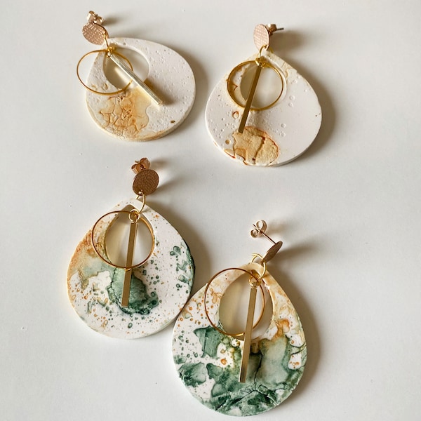Drop earrings - Hypoallergenic stud, 18k gold plated - Geometric charms - Autumnal watercolor pattern - Pendants - Gift ideas - Falls