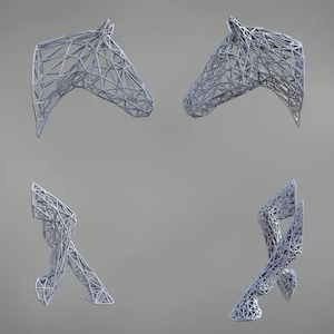 May include: Four wireframe sculptures of horses and branches. The sculptures are made of thin wire and are in a light gray color.