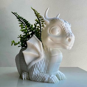 Puede incluir: Maceta de cerámica blanca en forma de dragón con una planta verde en su interior. El dragón tiene una gran boca abierta y una expresión amigable. Tiene un cuerpo texturizado, escamoso y una gran aleta en forma de ala en su espalda.