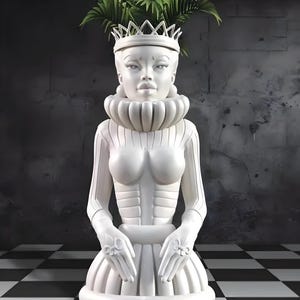 Puede incluir: Macetero de cerámica blanca con forma de mujer que lleva una corona y un gran cuello de encaje. El macetero está sobre un suelo de ajedrez blanco y negro.