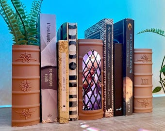 Könnte beinhalten: Eine Sammlung von Büchern und terrakottafarbenen Buchstützen. Die Buchstützen haben florale und scrollartige Designs. Die Bücher haben verschiedene Farben und Titel, darunter "My Grammar and I", und griechischen Text.