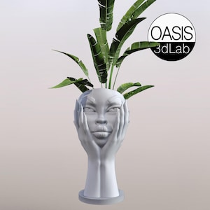 Puede incluir: Maceta de cerámica blanca con forma de cabeza de mujer con las manos sujetando su rostro. La maceta está llena de plantas verdes de hoja.