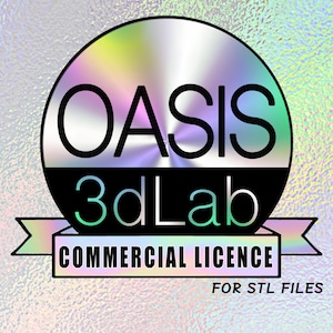Puede incluir: Un logotipo circular plateado y negro con el texto "OASIS 3dLab COMMERCIAL LICENCE FOR STL FILES".