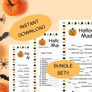 Puede incluir: Un paquete de juegos de palabras de Halloween imprimibles con tres historias diferentes. El paquete incluye un fondo negro y naranja con un gráfico de calabaza y el texto "Halloween Mad Libs" y "Bundle Set!"