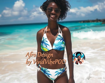 Strappy Bikini Set. Sunny beach with Palm Trees. Afro Design. Gift for her.