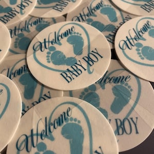 Welcome Baby Edible Images | Baby Shower | Baby Boy Toppers | Cookies Oreos Cupcakes 2” 1&quot; Baby Shower Cupcake Toppers |