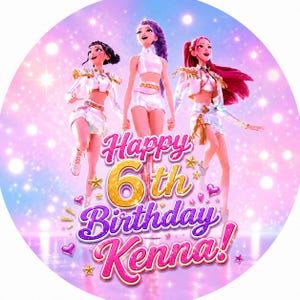 May include: A circular graphic featuring three animated characters in white outfits against a pink and purple sparkling background. The text reads Happy 6th Birthday Kenna! in large, stylized, glittery gold and purple lettering with small stars and hearts.