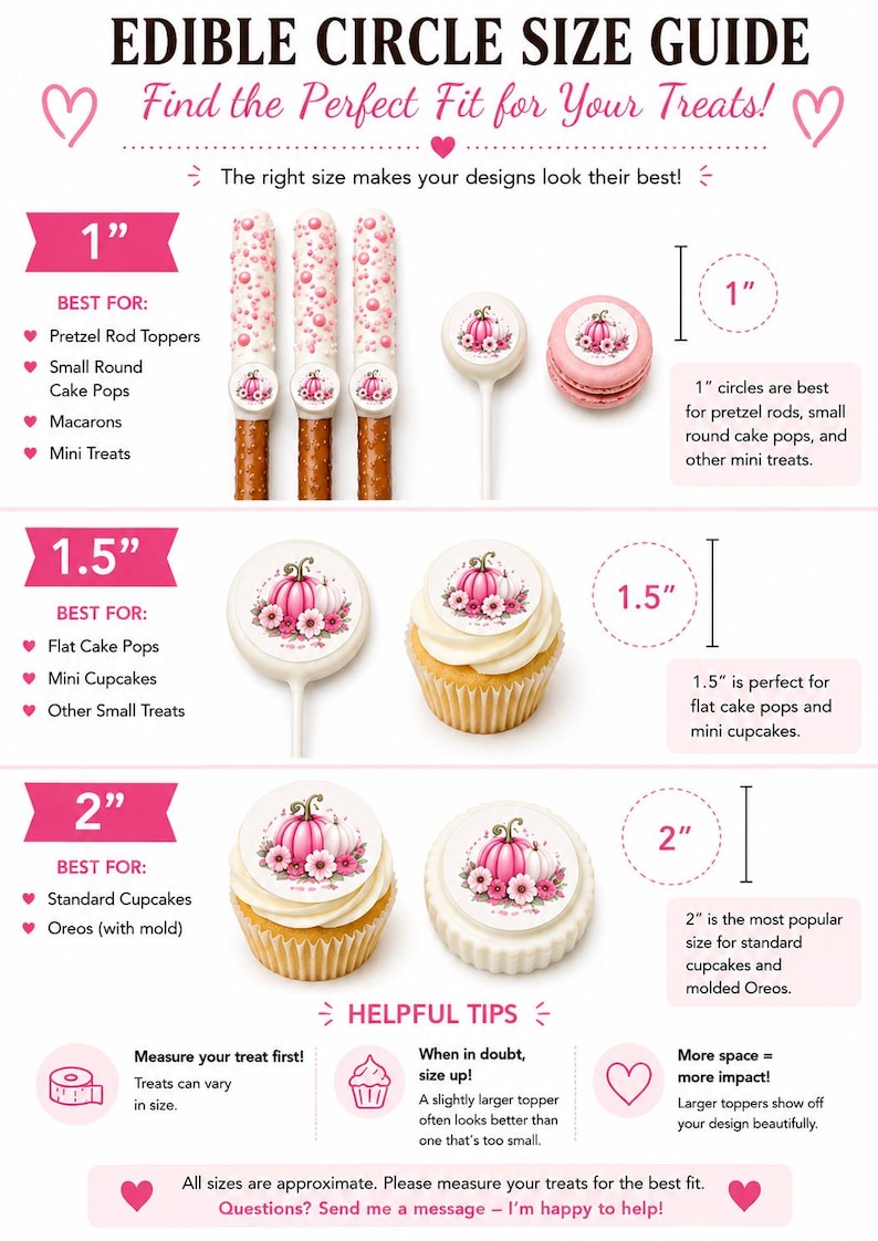 May include: An edible circle size guide chart featuring 1 inch, 1.5 inch, and 2 inch diameter options for treats. The chart displays decorated pretzel rods, cake pops, macarons, cupcakes, and cookies, each topped with a pink pumpkin graphic.