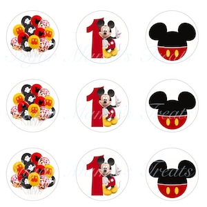 May include: A set of nine circular edible cupcake toppers arranged in three rows. The designs include clusters of red, yellow, and black balloons, the number one with a Mickey Mouse character, and the iconic black and red Mickey Mouse head silhouette.