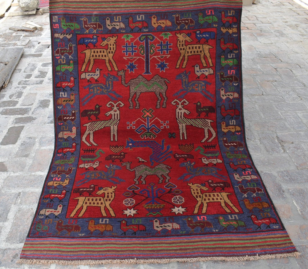 4x6-ft-unique-vintage-pictorial-rug-tribal-baluch-animal-carpet-kids