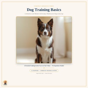 Könnte beinhalten: Ein digitaler Leitfaden mit dem Titel Dog Training Basics, Everyday Obedience Series, der einen braun-weißen Hund zeigt. Der Text enthält Commands, Leash Manners & Everyday Obedience for Dogs of Any Age, 14 Chapters, Complete Training System und Digital PDF Guide.