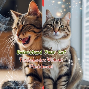 May include: A split-screen image featuring a brown tabby cat with an open mouth on the left and a calm tabby cat on the right. The text reads: Understand Your Cat, Fix Behavior Without Punishment. Floating heart icons appear above the cat.