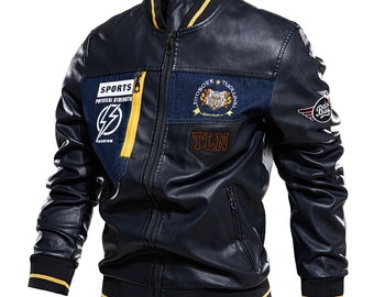 Mens Embroidered Leather Jacket Men Motorcycle Men's  Leather Jacket Overcoat Genuine Leather Jackets