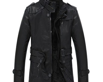 Mens Thickened And Plush Leather Jacket Middle-aged Casual Mid Length Warm Cotton Jacket Coat