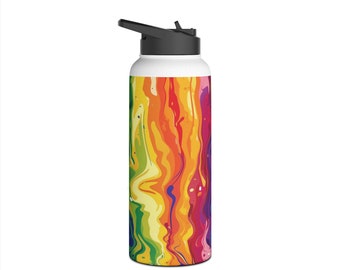 Bouteille d'eau en acier inoxydable aux motifs colorés Rainbow Splash avec couvercle à visser et isolation sous vide à double paroi