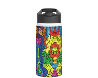 Abstrakte Edelstahl-Wasserflasche mit regenbogenfarbenem Muster, Schraubdeckel und doppelwandiger Vakuumisolierung