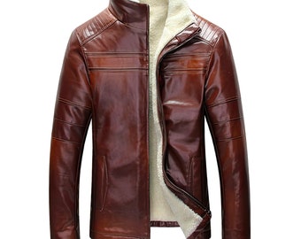 Men Winter Thick Fleece  Leather Jackets Coats Bomber Male Casual Slim Zip Genuine Leather Jackets